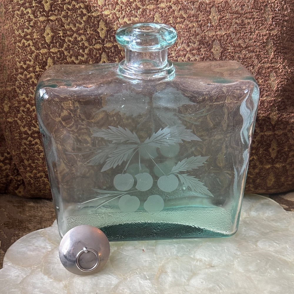 Vintage Recycled Etched Glass Decanter with Stopper Cherry design